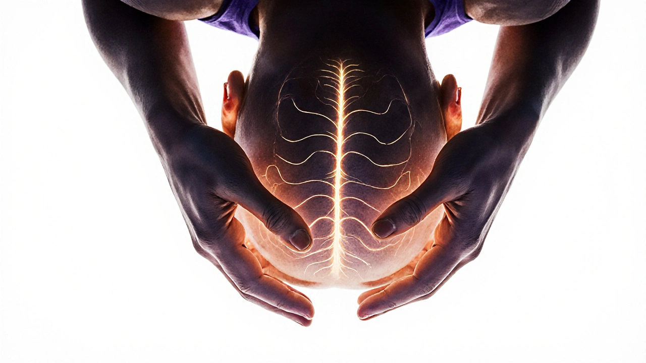 Hands pressing into base of skull during yoga forward fold, with subtle energy lines along the spine.