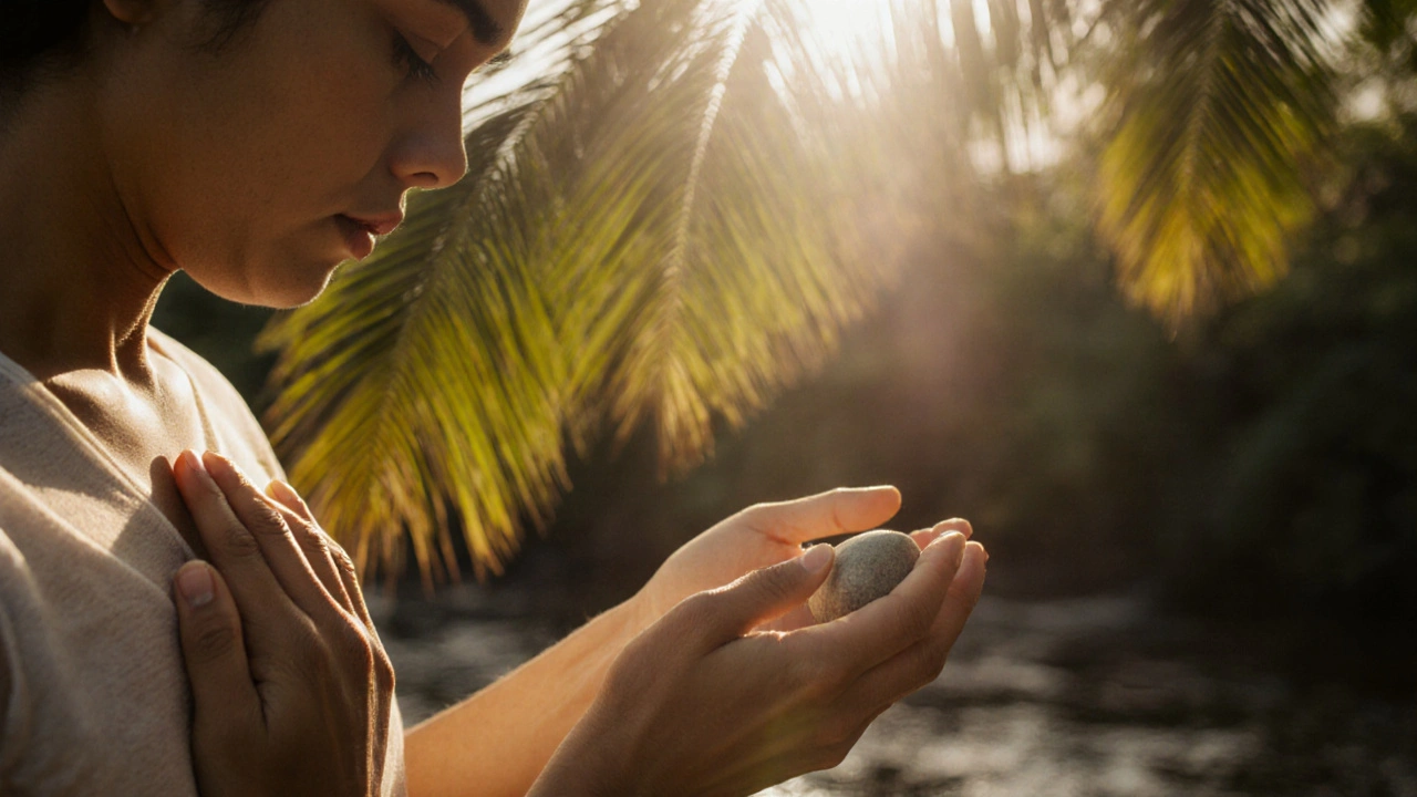 Hands rest gently on a chest with a stone in the other, bathed in soft sunlight during quiet reflection.