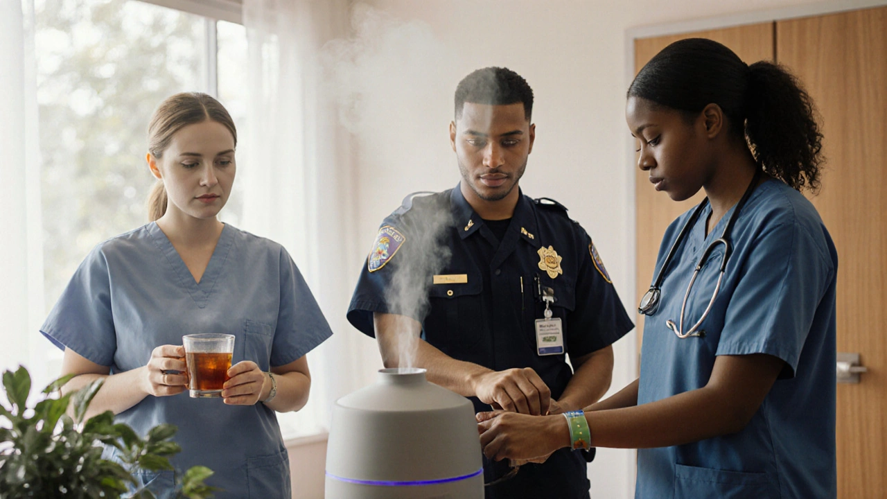 Healthcare workers in a break room gathering around a diffuser during a quiet moment.
