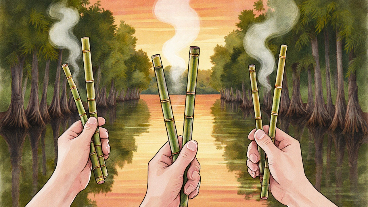 Heated bamboo sticks held near a Louisiana bayou at dusk, steam rising, natural surroundings reflecting healing traditions.