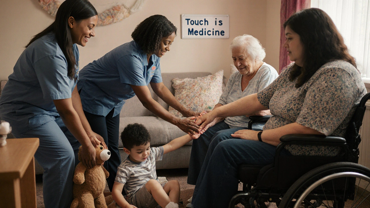 Hospice staff and volunteers offer gentle touch to patients of different ages in a warm, comforting communal space.