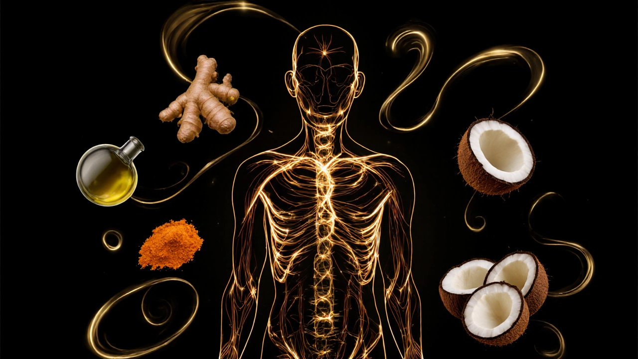 Human body with glowing energy pathways and floating traditional Balinese herbs and oils, representing holistic healing and balance.