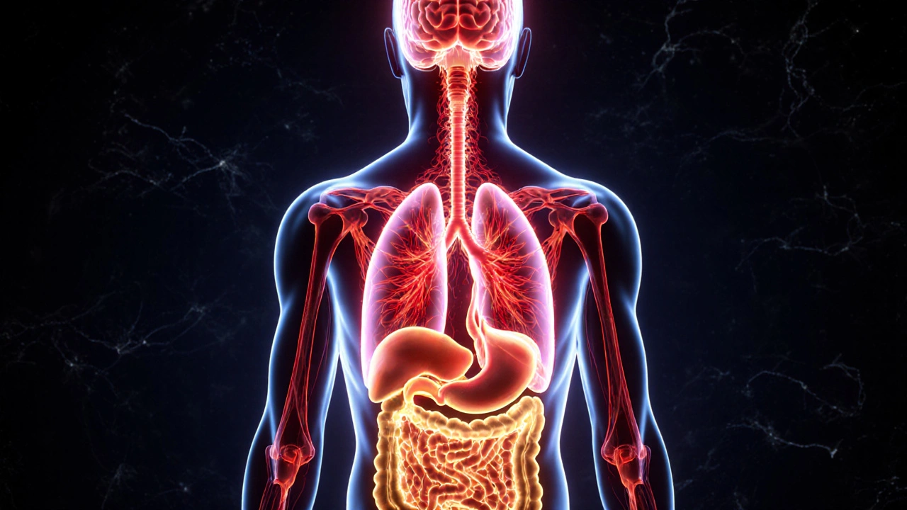 Human silhouette with glowing pathways from cupping marks to organs and brain