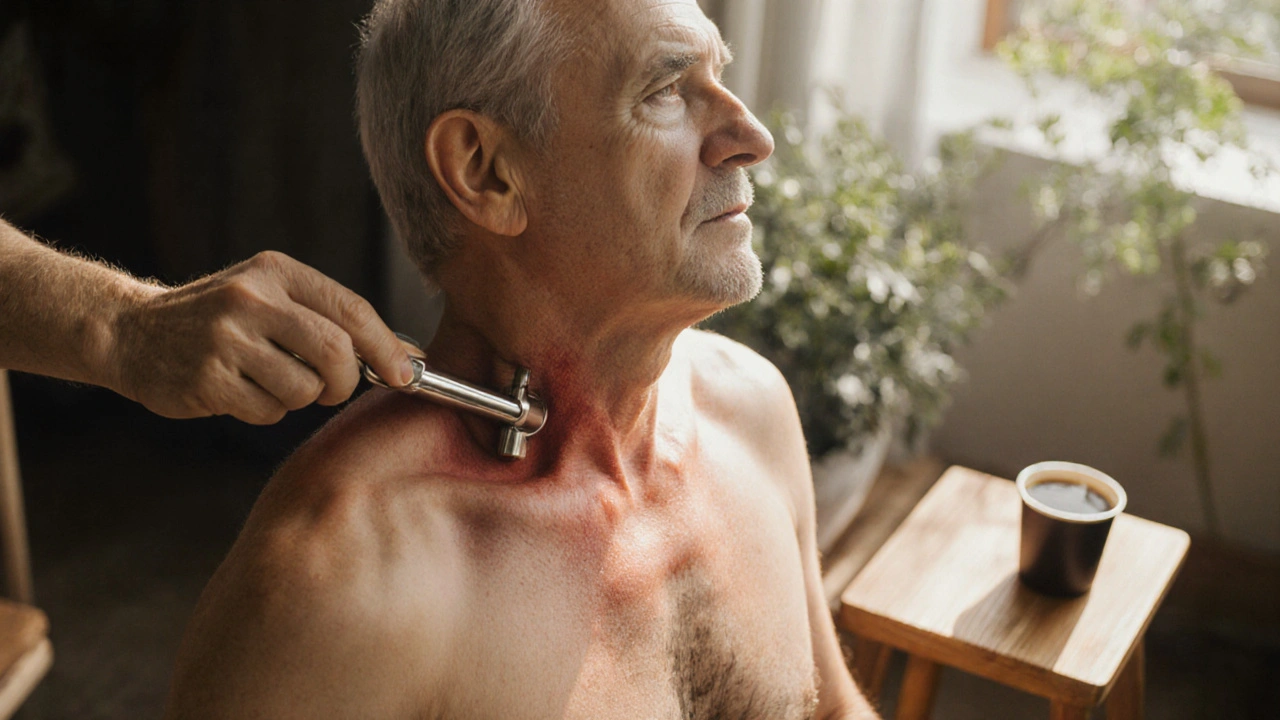 Man performing gua sha on his neck in morning light, eyes closed, in a peaceful home setting.