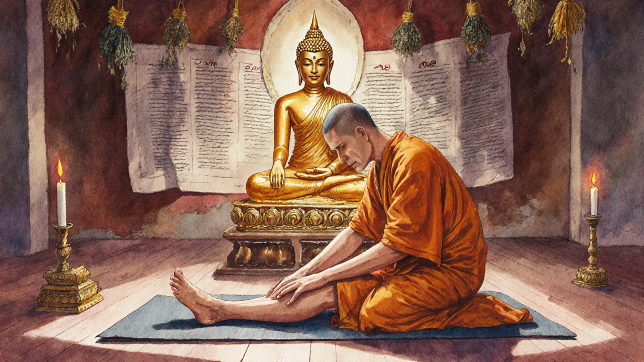 Monk practicing ancient Thai massage beside a Buddha statue in a temple, surrounded by herbal bundles.