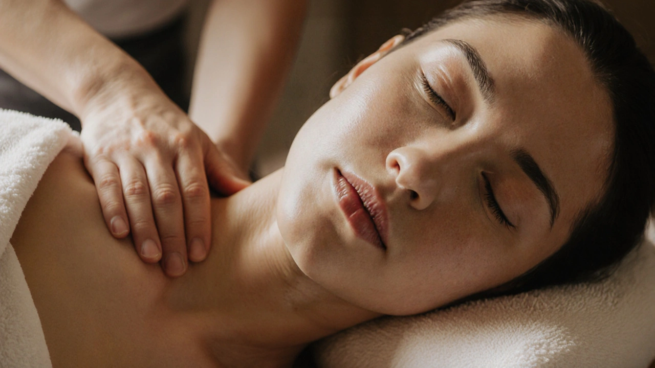 Person&#039;s face in deep relaxation during a Swedish massage, eyes closed, with warm light on their skin.