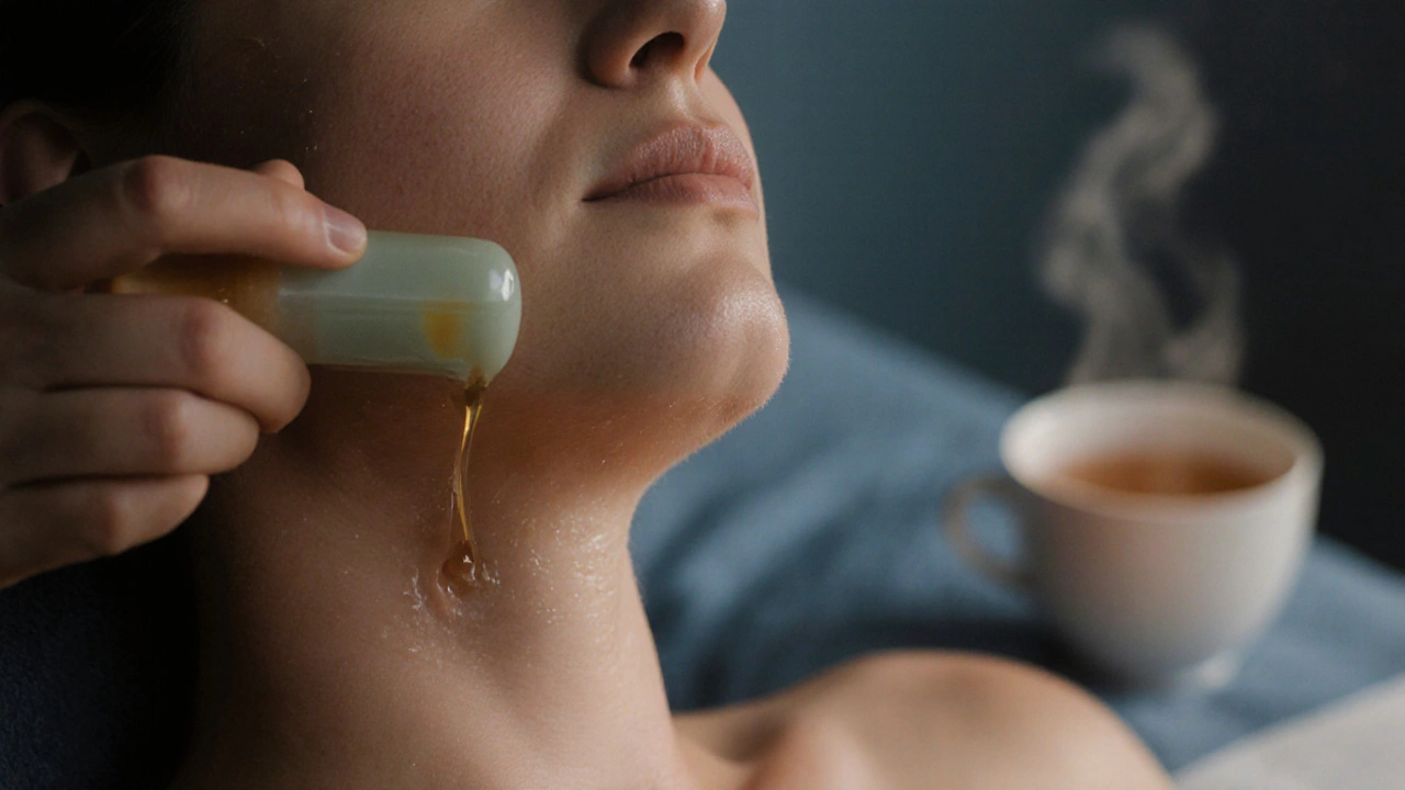 Person gently gliding a jade gua sha tool along their jawline with facial oil, morning light softly illuminating their skin.