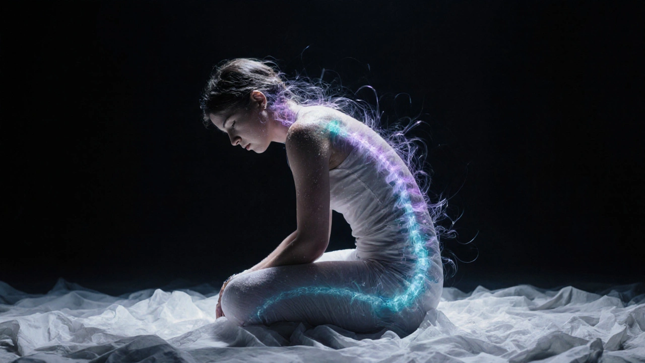 Person in seated forward fold with energy lines tracing the spine, embodying deep release.