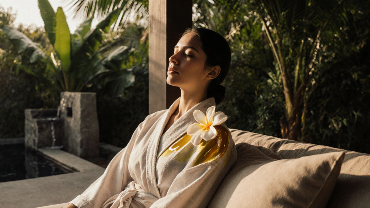 Person relaxed in a linen robe after a massage, holding a frangipani blossom under a shaded veranda with natural surroundings.