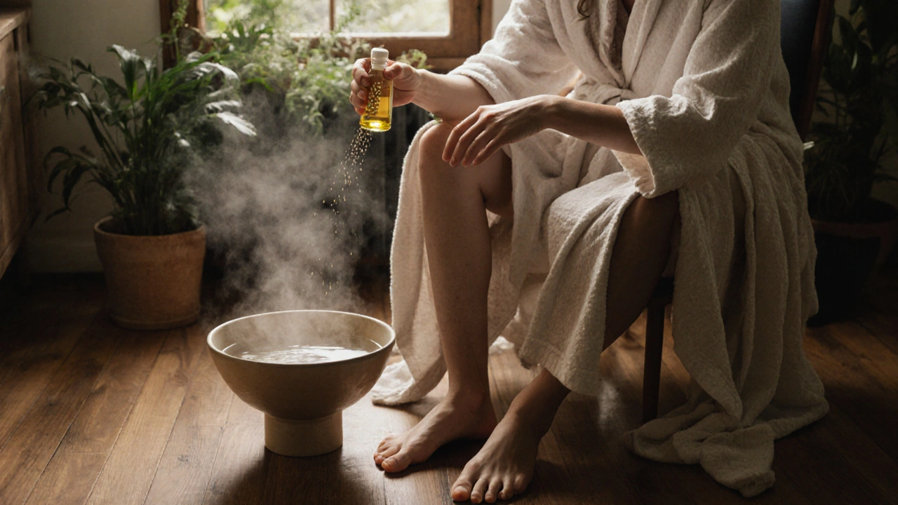 Person self-massaging oil into their scalp and arms in a quiet morning home setting before showering.