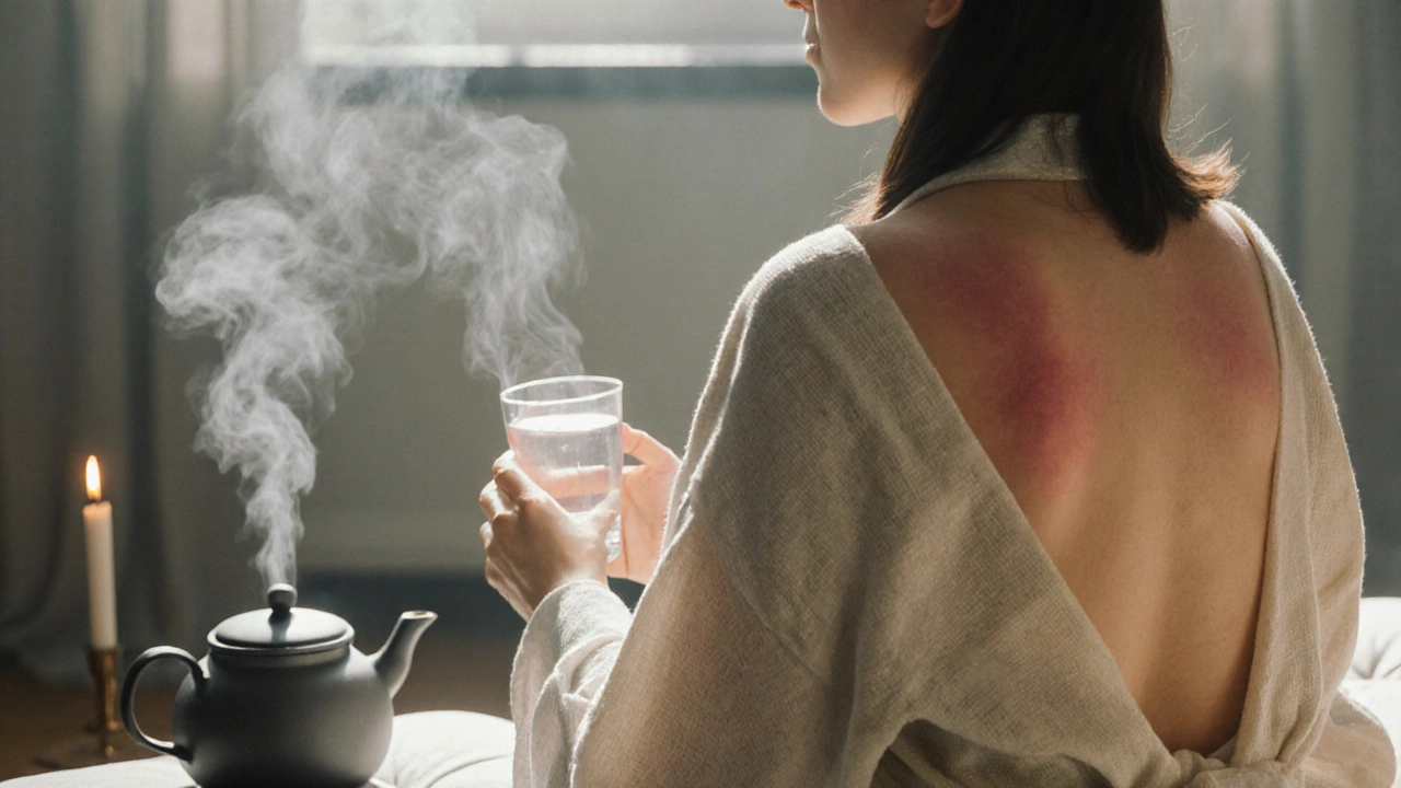 Person sitting calmly after a knife massage, wearing a cotton robe, holding water with relaxed expression.