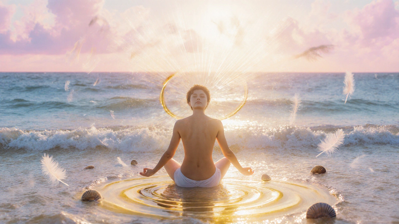 Person sitting on beach at sunrise, golden ripple emanating from body into ocean waves, symbolizing emotional release.