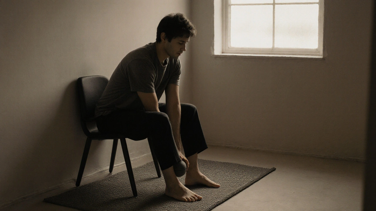Person using a ball against a wall to release lower back tension at home.