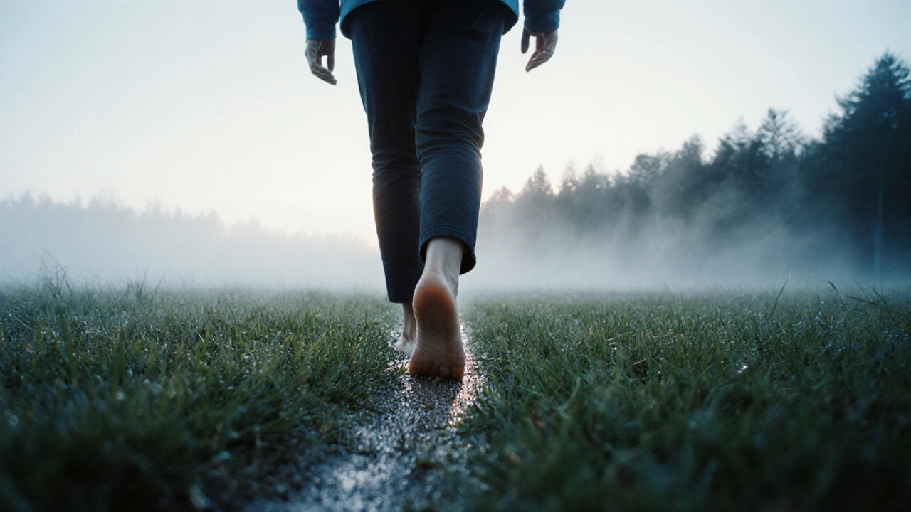 Person walking barefoot on grass at sunrise, connecting with the earth in quiet morning mist.