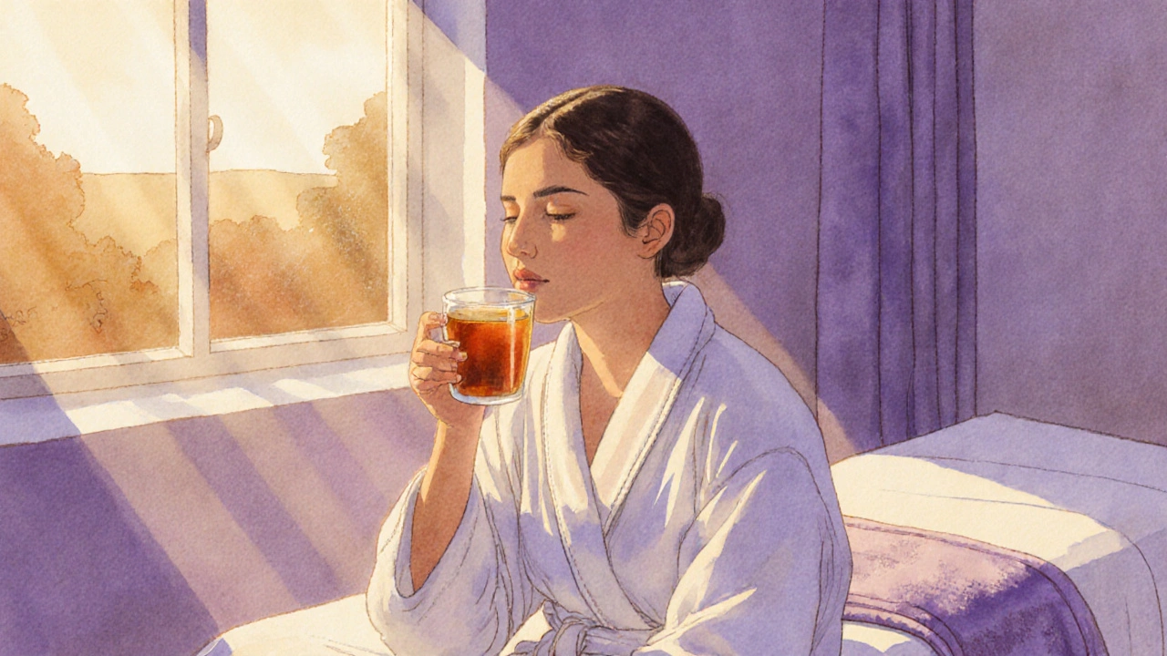 Relaxed person in a robe drinking tea by a window after a massage, evening light casting a peaceful glow.