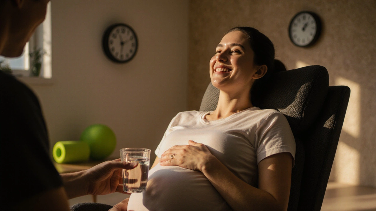 Relaxed pregnant woman after a massage, holding water, with subtle hints of home care techniques in the background.