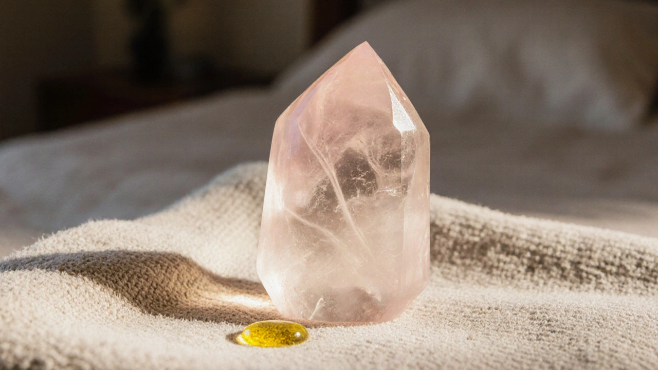 Rose quartz gua sha tool resting on linen with oil drop, surrounded by subtle glowing flow lines.