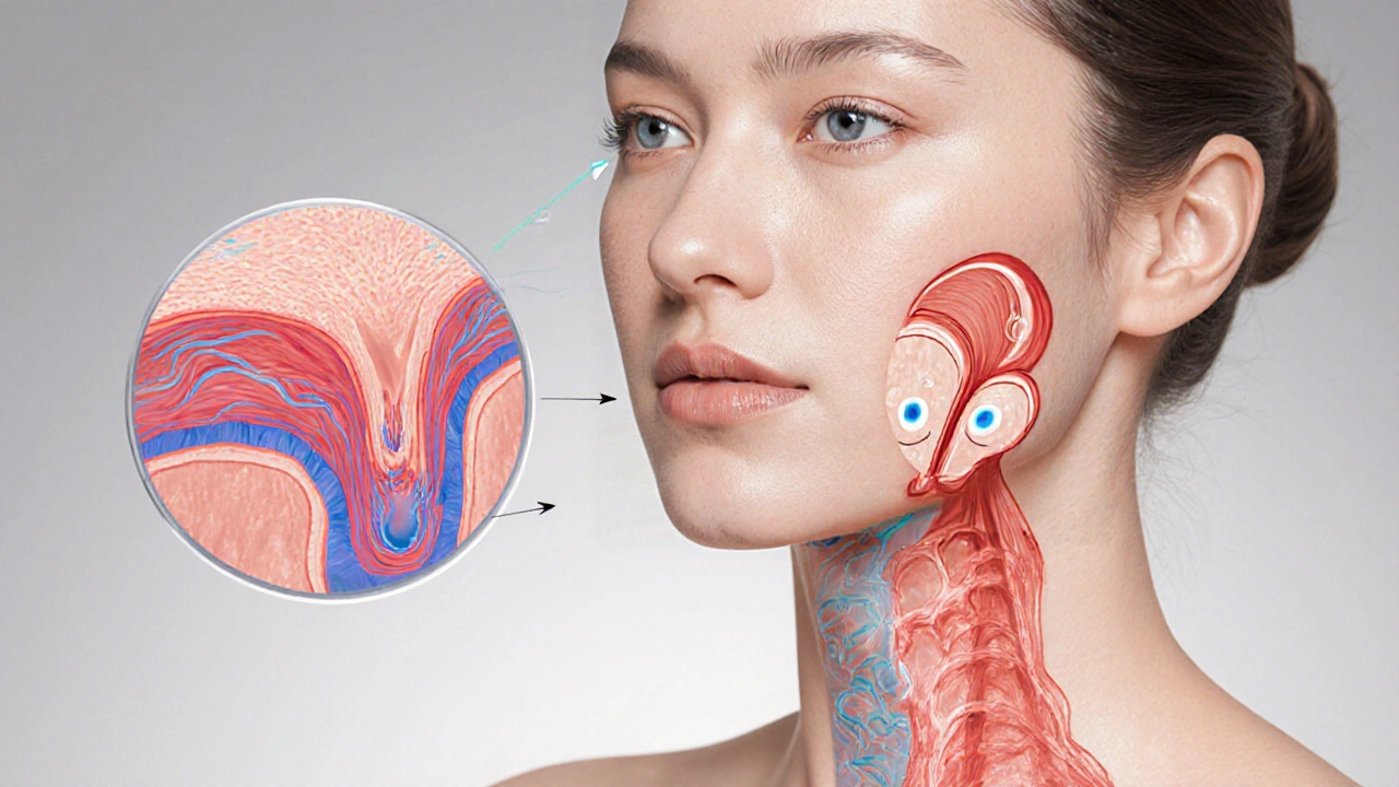 Scientific cross-section showing increased blood flow and lymphatic movement during gua sha.