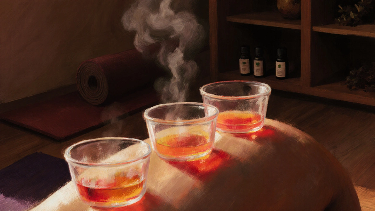 Serene cupping therapy session with glass cups on a person&#039;s back in soft light