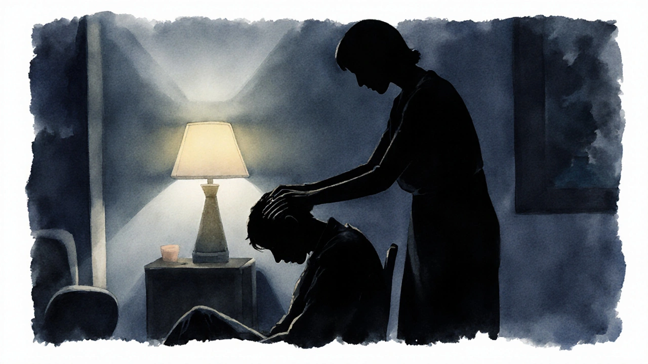 Silhouettes of two people sharing a quiet scalp massage at night, no devices visible.