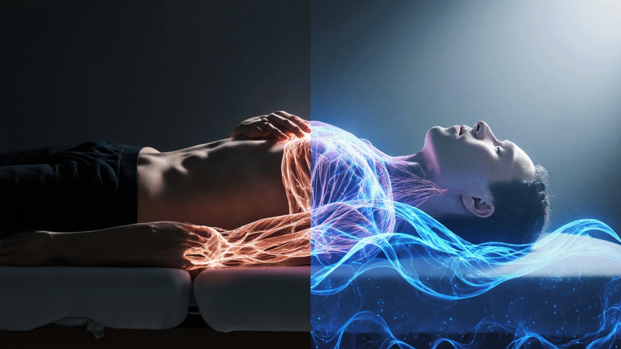 Split image contrasting tense muscles with relaxed tissue during neuromuscular therapy.