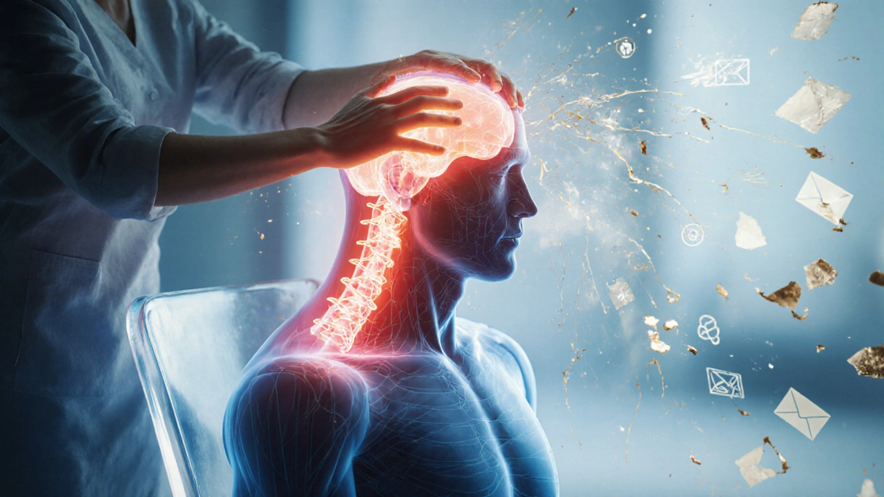 Surreal image of tension knots dissolving into light as a therapist’s hands bring calm to a seated person.