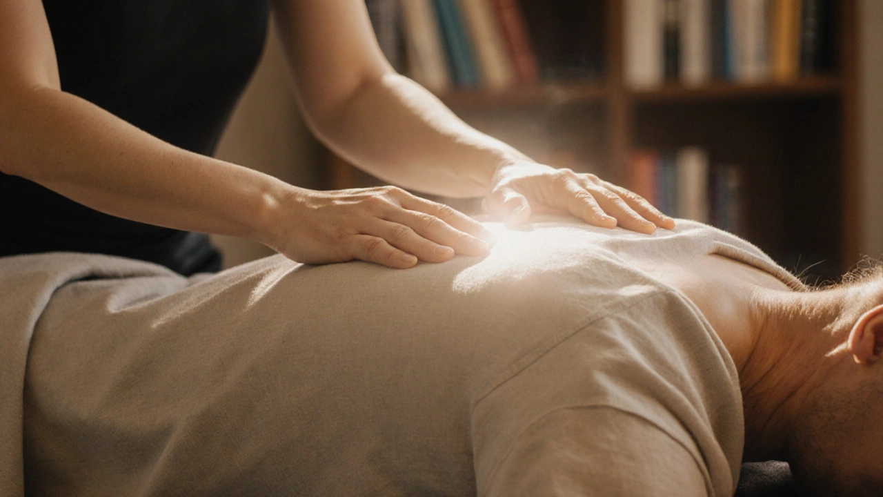Therapist’s hands gently hovering above client’s shoulders, soft energy glow, peaceful setting.