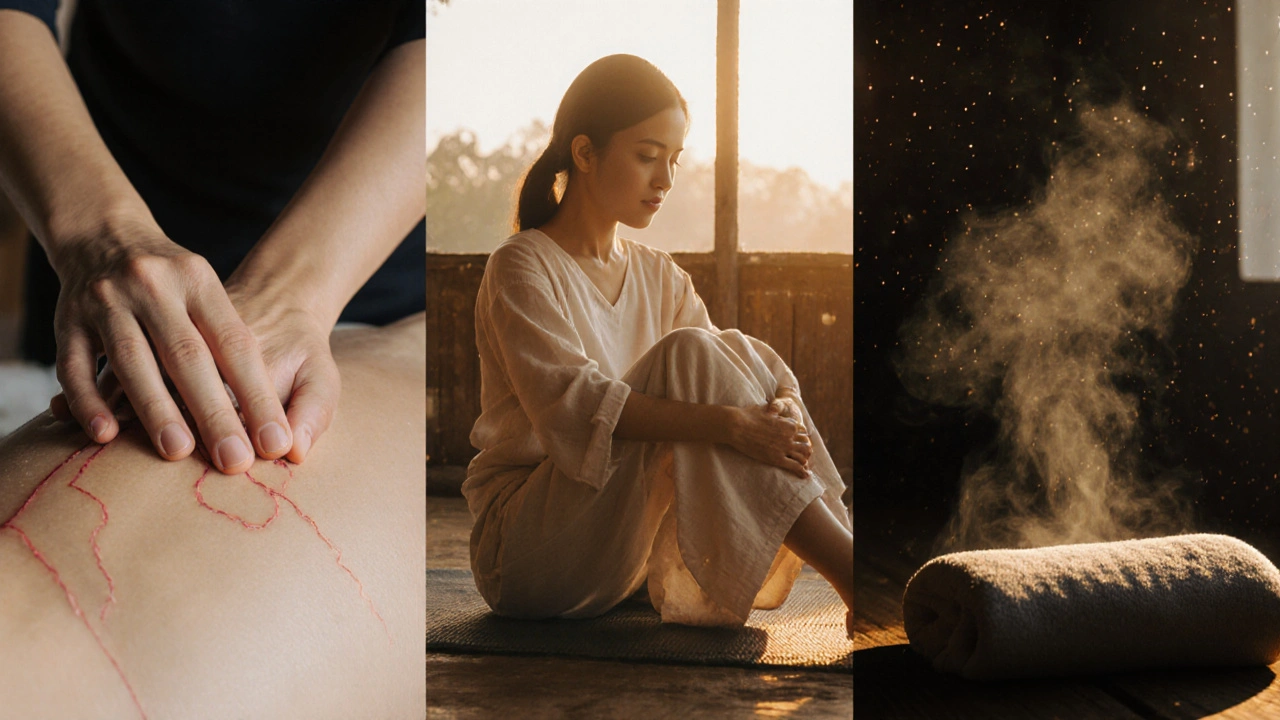 Three quiet moments of Laos massage: hand tracing energy line, gentle knee rock, steam rising from herbal compress.