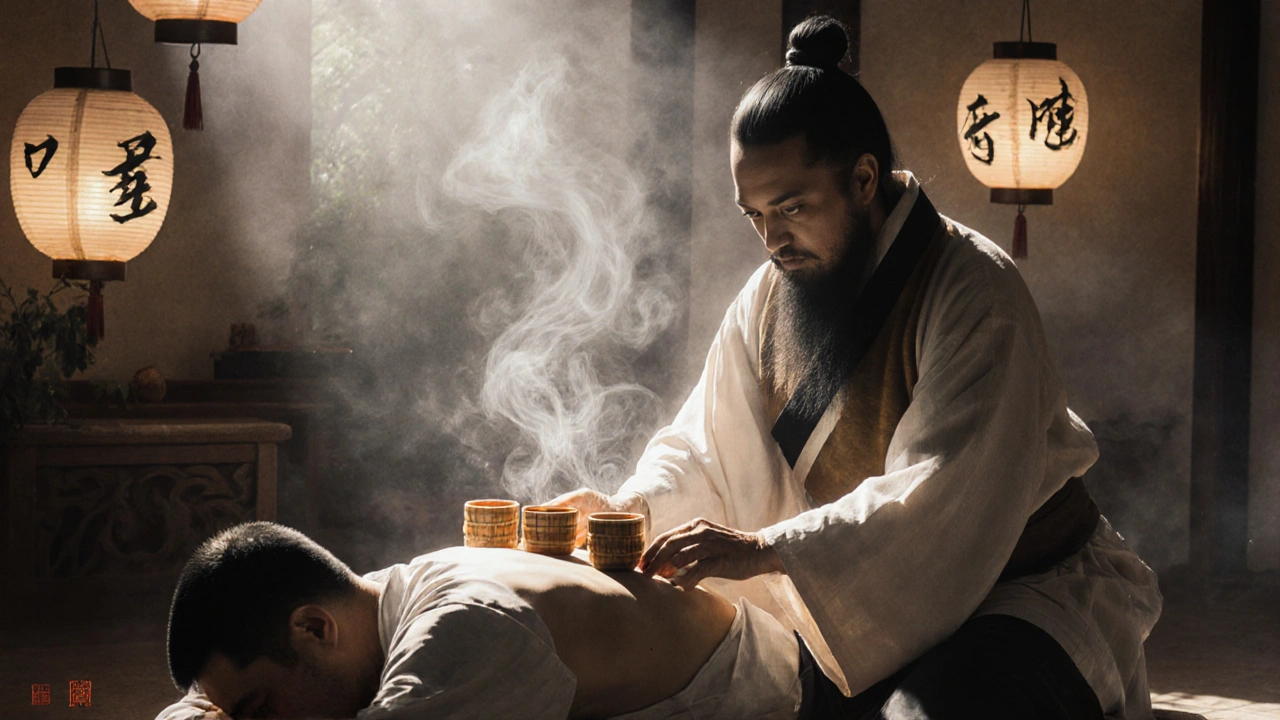 Traditional Chinese practitioner using bamboo cups on a patient in a serene herbal room.