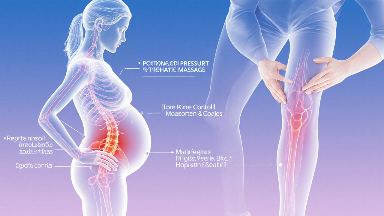 Translucent anatomical illustration showing reduced muscle tension and improved circulation in a pregnant woman&#039;s body during massage.