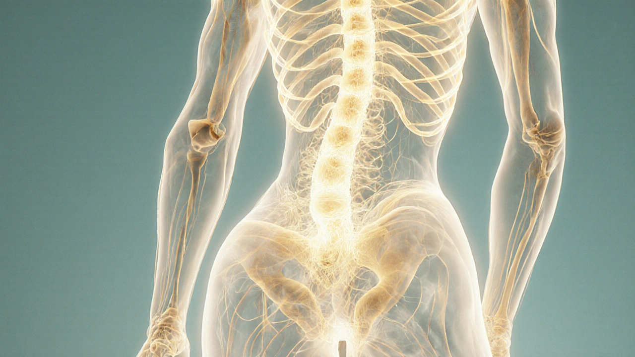 Translucent golden webbing wrapping around a human body, symbolizing fascia release.