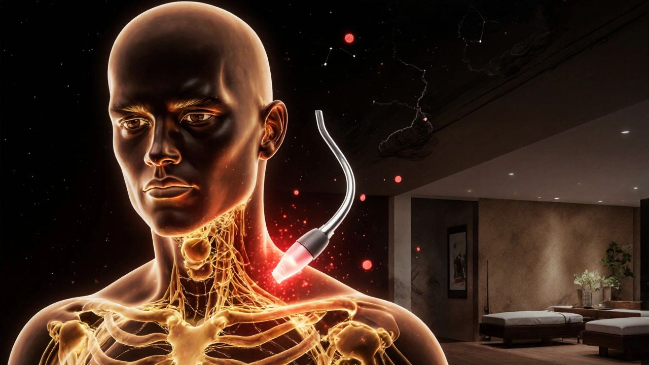 Transparent human figure with glowing energy lines being treated by a gua sha tool, blending ancient qi theory with modern anatomy.