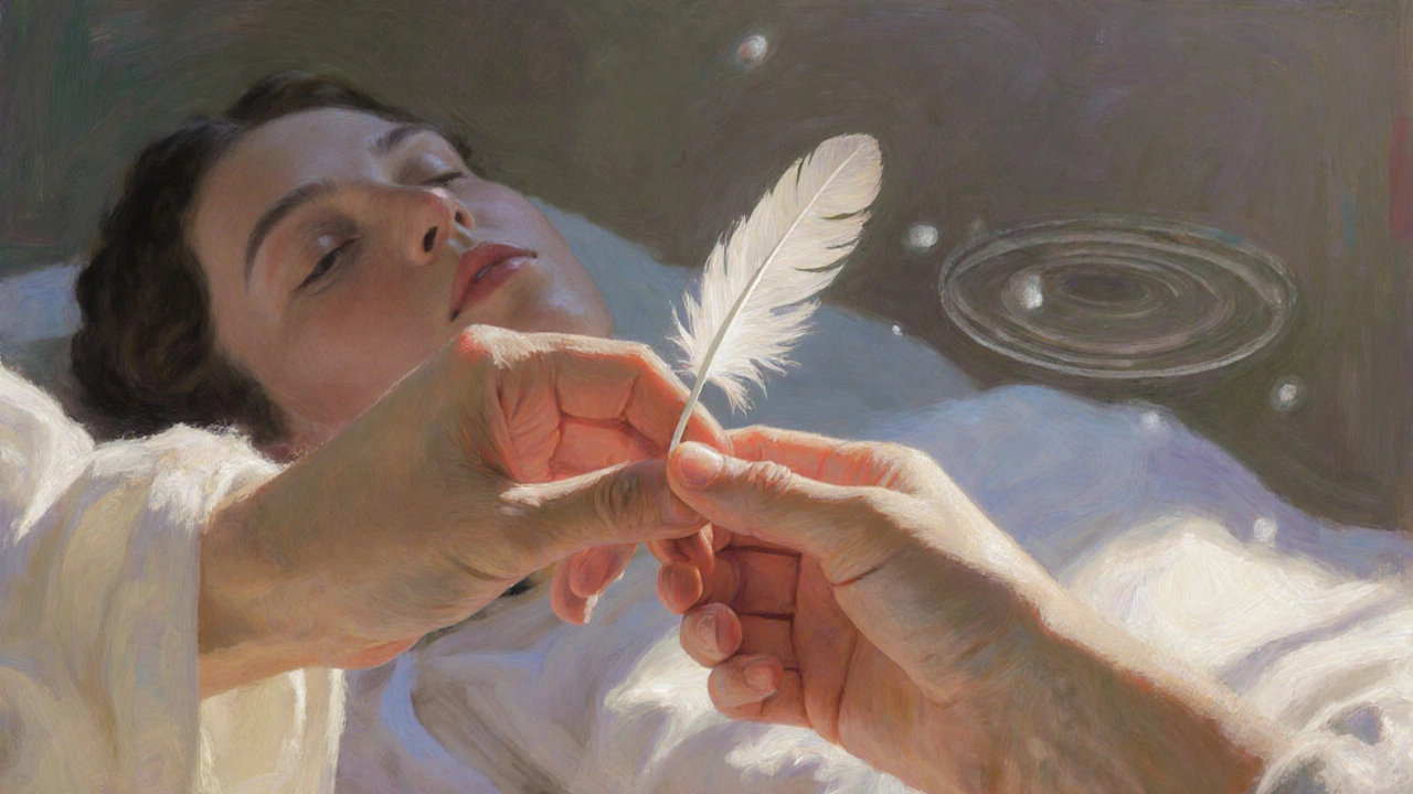 Two hands gently lifting one another as if supporting a feather, symbolizing effortless movement and relaxation.