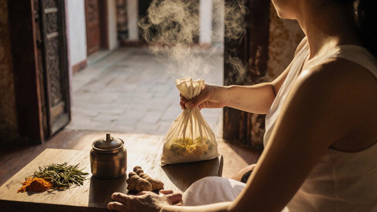 Warm herbal compress being pressed into a shoulder during traditional Laos massage, dried herbs visible on table nearby.