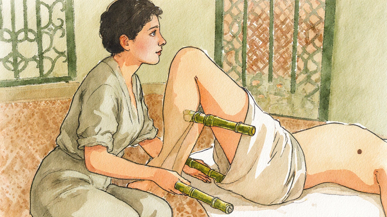 Watercolor illustration of bamboo massage blending Louisiana and Asian healing traditions.