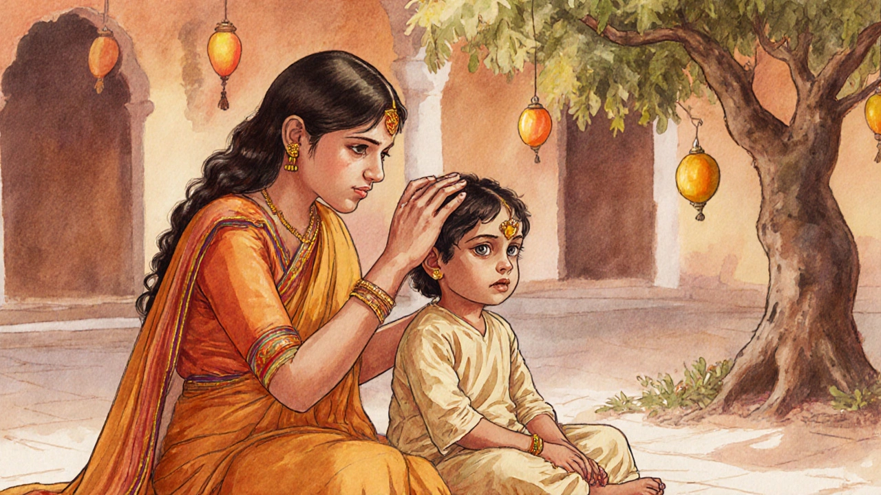 Woman giving a soothing head massage to a child in a traditional Indian setting at dusk.