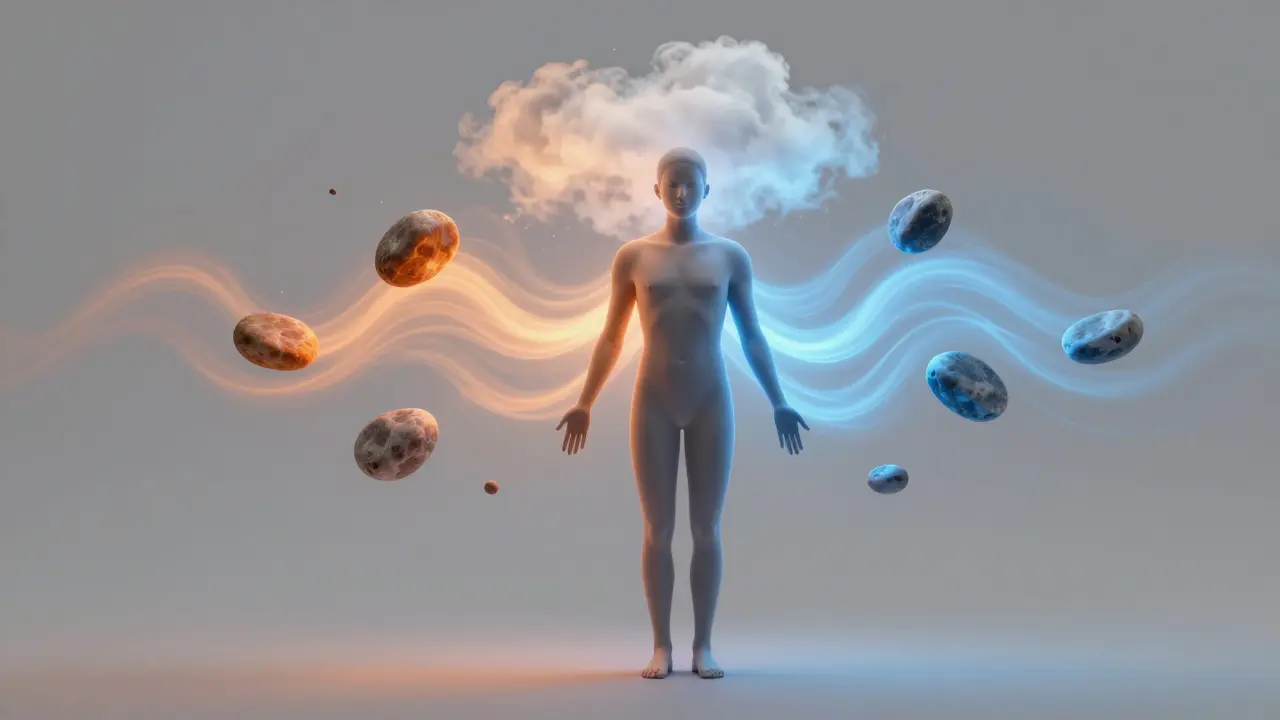 A human silhouette surrounded by glowing hot and cold stones, symbolizing stress release and bodily relaxation.