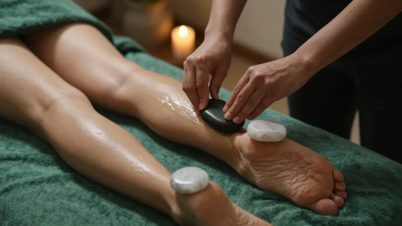 A therapist gently moving a heated stone along a client's leg, with cold stones resting on hands and feet in a quiet room.