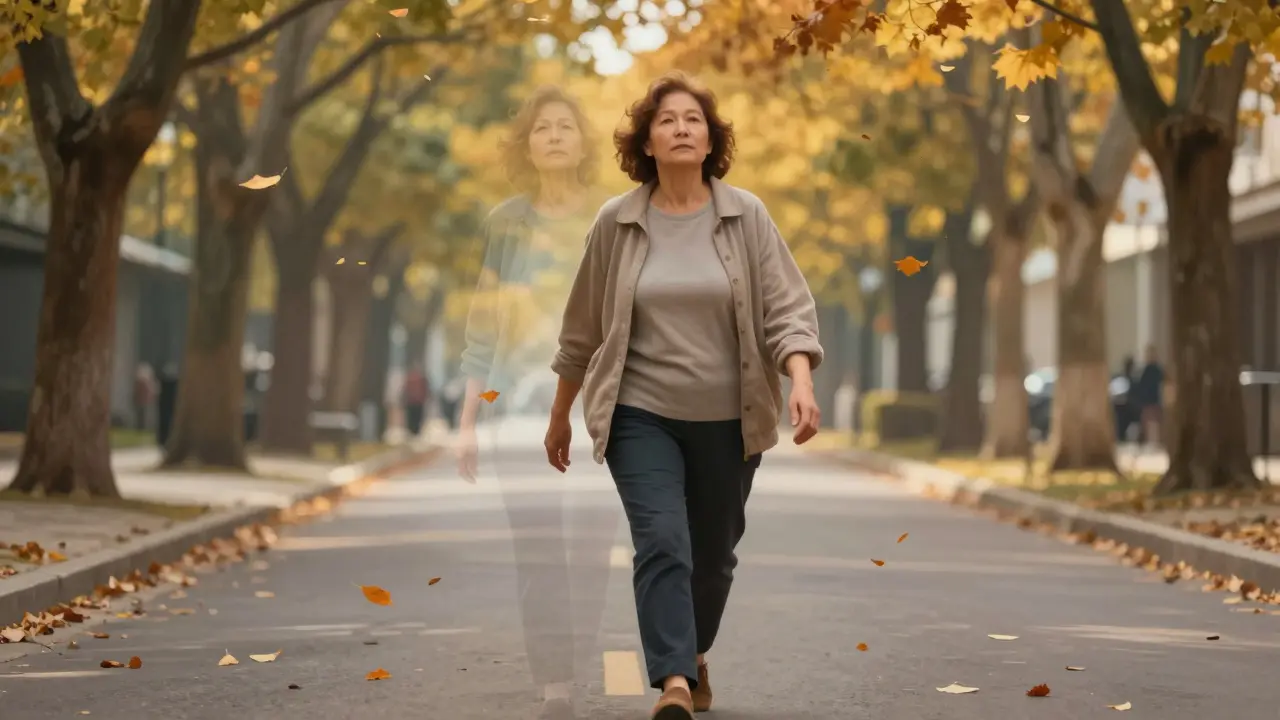 A woman walking confidently, her past slouched form fading behind her in golden autumn light.