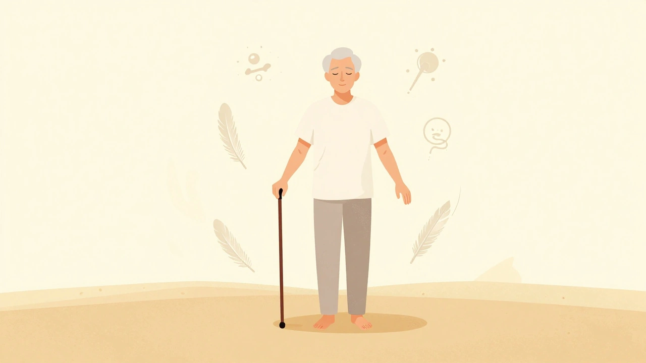 An older adult standing barefoot on sand, arms relaxed like feathers, as tension fades around them.