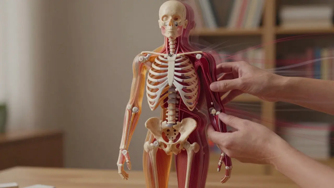 Anatomical illustration of body segments realigned like stacked books, with glowing fascia layers.