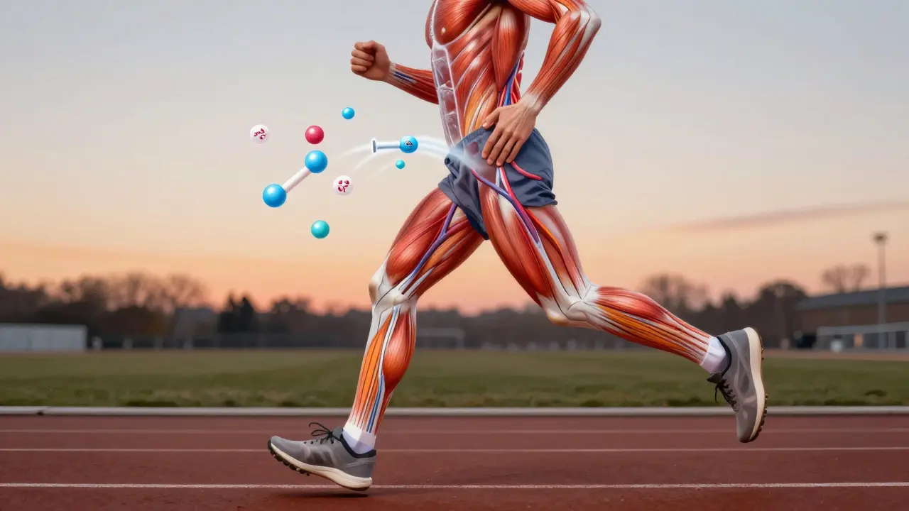 Anatomical illustration showing enhanced blood flow in runner’s legs post-massage, with lactic acid being cleared from muscles.