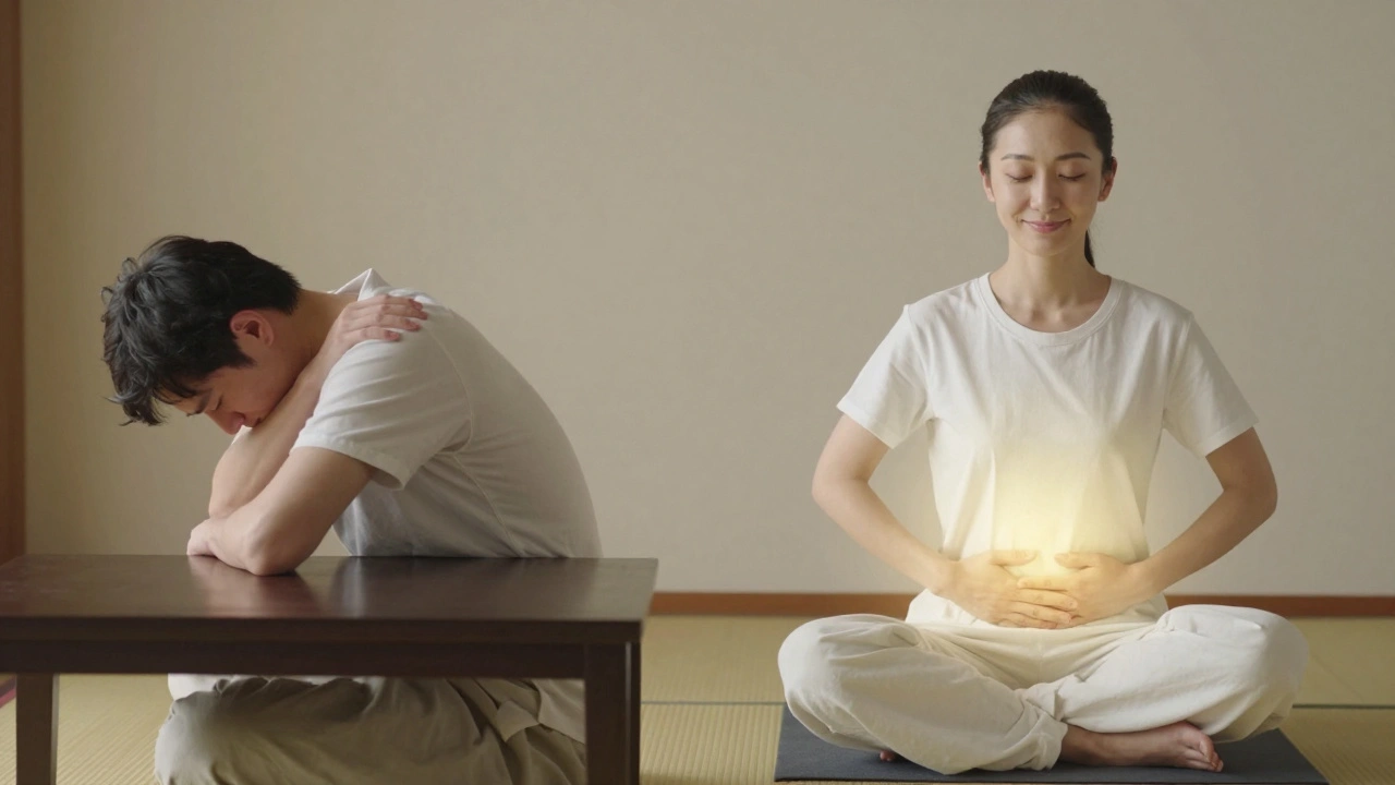 Before and after shiatsu: tense person at desk versus relaxed person on mat.