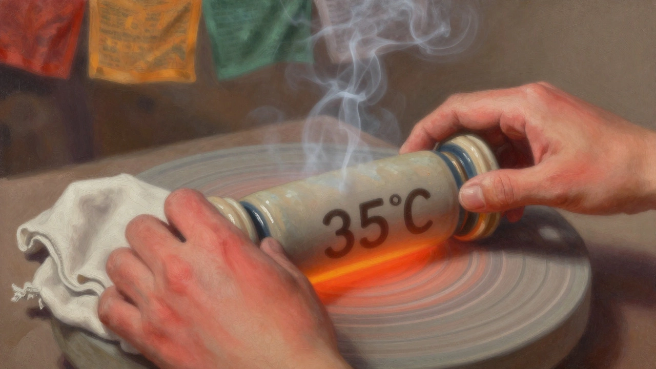 Ceramic stone being rolled along a spine, faint thermal haze rising, skin gently reddened by heat, no flame visible.