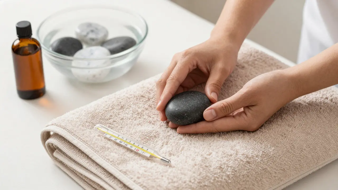 Close-up of a heated stone being placed on a towel with thermometer and cold stones nearby.