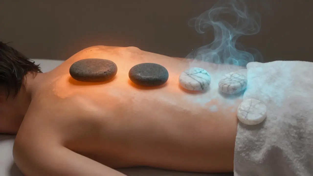 Contrasting hot and cold stones on a back, symbolizing thermal therapy balance.