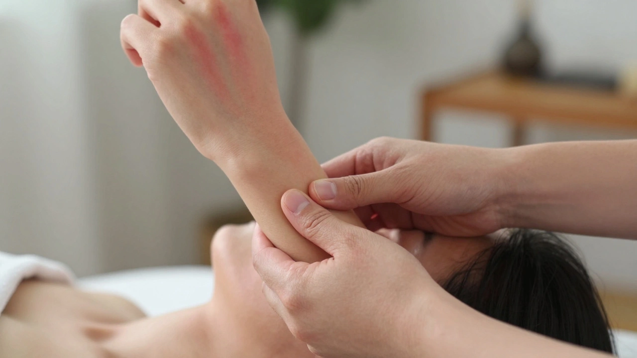 Hands applying precise pressure to the inner wrist and base of the skull during shiatsu.