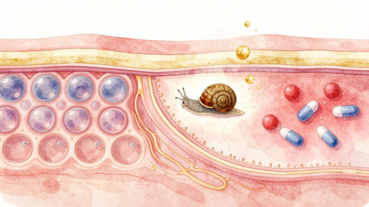 Illustrated cross-section of skin showing hydrating and repairing molecules from snail mucin.