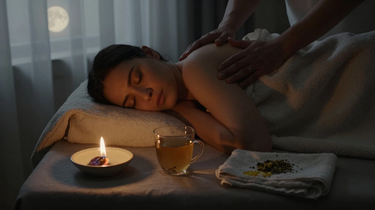 Person asleep under a blanket after fire massage, glowing ember nearby, ginger tea and moonlight creating a tranquil atmosphere.
