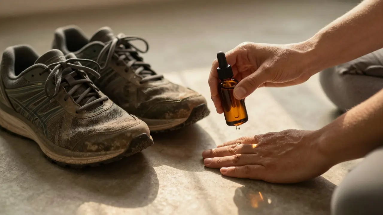 Running shoes and massage oil bottle beside a foam roller, symbolizing recovery routine for active individuals.